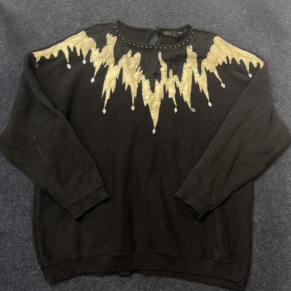 Vintage Work In Progress Sweater Womens 2X Black Gold Studded Regancy Hong Kong